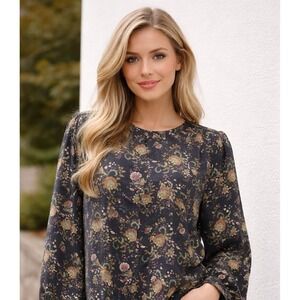 Go Silk Womens 100% Silk Top Large Floral Long Balloon Sleeves Boho Office